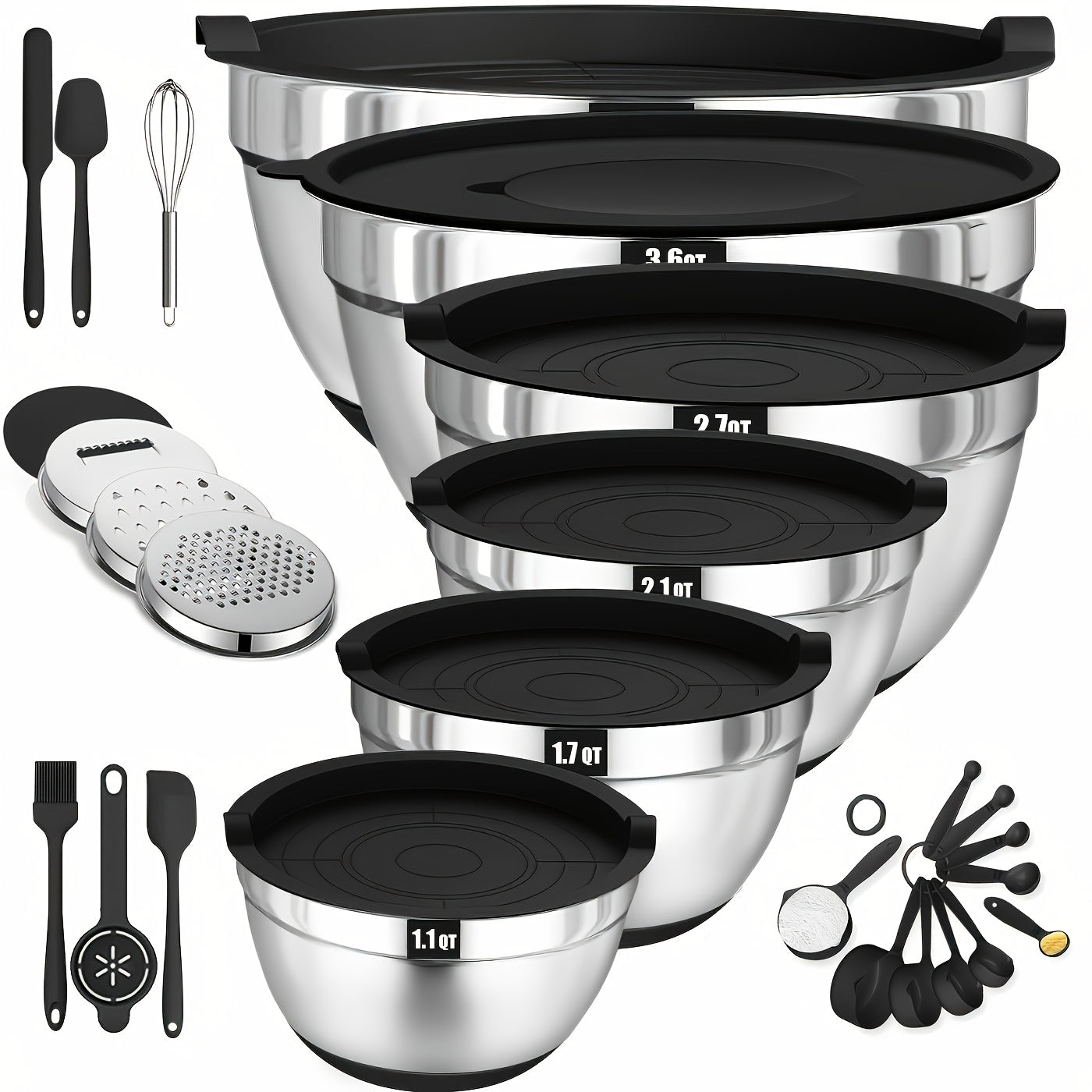 Twenty-Six-Piece Mixing Bowl and Kitchen Tool Set with Six Bowls in Khaki, Black or Color Options