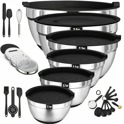 Twenty-Six-Piece Mixing Bowl and Kitchen Tool Set with Six Bowls in Khaki, Black or Color Options