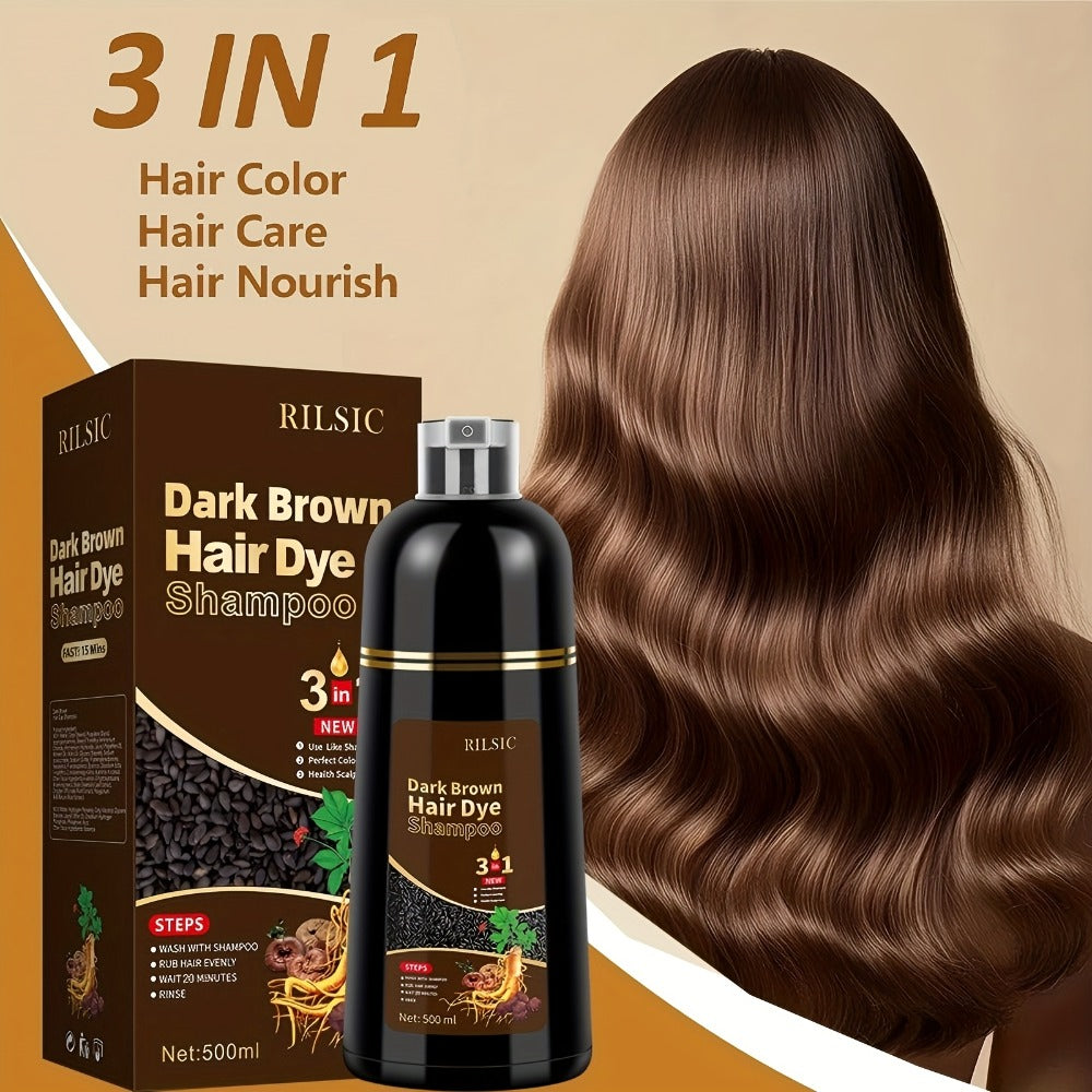 Herbal Hair Dye Shampoo 3-in-1 with Plant Squalene 2pcs 16.91oz — Instant Gray Hair Coverage, Natural Color in Minutes, Brown Dark Brown & Black, Unisex Men & Women