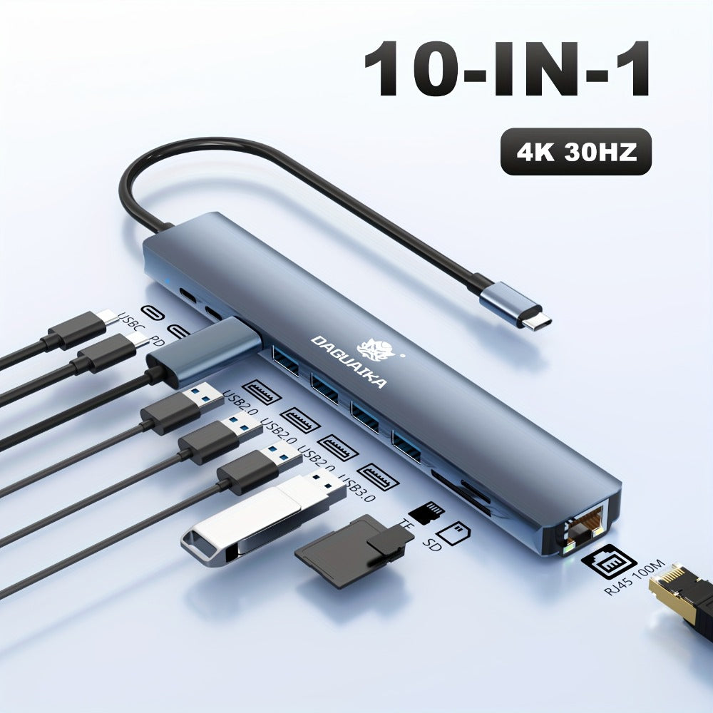10-in-1 USB-C Hub Ethernet Adapter with 4K HDMI, RJ45 Gigabit LAN, 100W PD, SD/TF Card Reader, USB 3.0/2.0 – Laptop Docking Station for MacBook Pro/Air, iPad Pro, XPS & USB-C Laptops