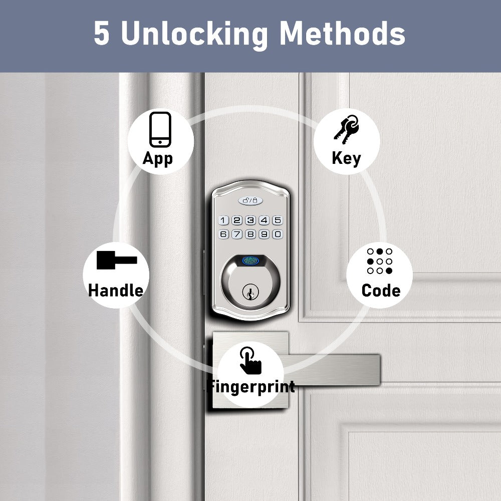 Heavy Duty Smart Deadbolt with Biometric Fingerprint & Keypad - App Control, Auto-Lock, Keyless Entry for Front Door, Office & Apartment, Zinc Alloy, Optional Handle Set Included