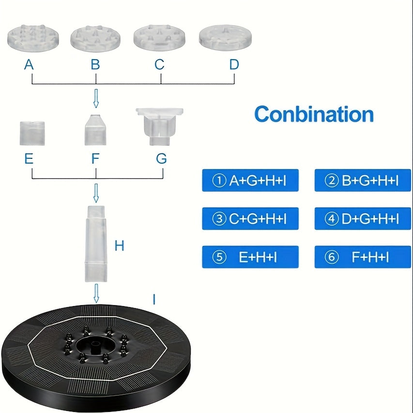 LED Solar Fountain Pump with 3W 16 cm Disc, 1500mAh Battery and Six Pictured Spray Combinations