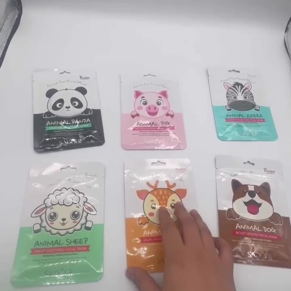 SADOER Animal-Print Sheet Mask 12-Pack with Two Each of Six Illustrated Facial Designs in Individual Pouches