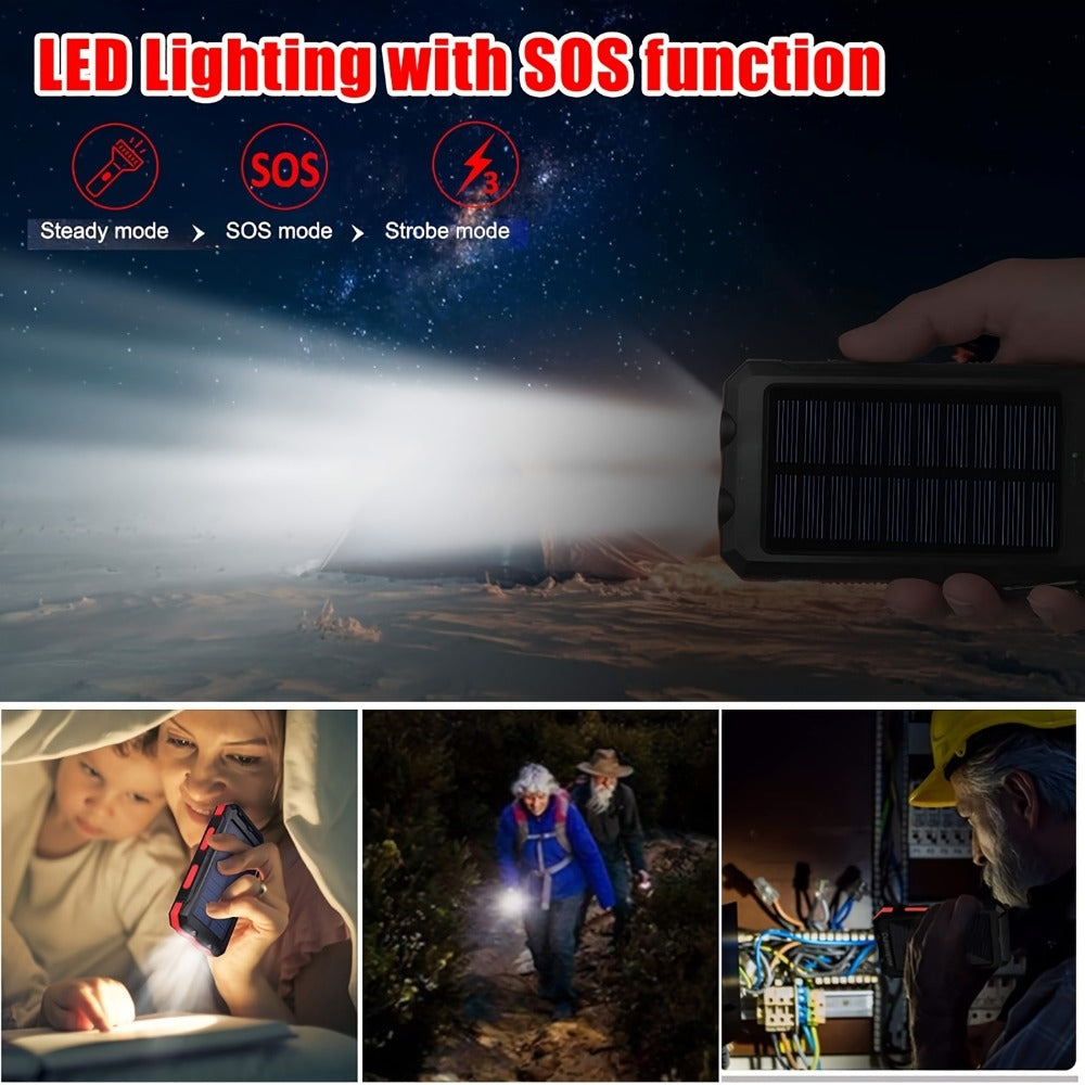 Solar Power Bank 20000mAh Outdoor Portable Charger with LED Flashlight SOS Compass & Carabiner Hook – Dual USB Waterproof Battery Pack for Camping Hiking Backpacking Emergency Survival Gear Gift