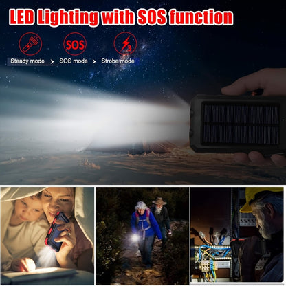 Solar Power Bank 20000mAh Outdoor Portable Charger with LED Flashlight SOS Compass & Carabiner Hook – Dual USB Waterproof Battery Pack for Camping Hiking Backpacking Emergency Survival Gear Gift