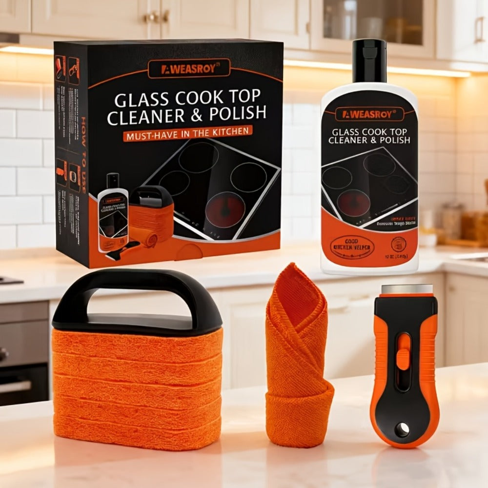 Glass Stove and Cooktop Cleaner Kit with 12 oz Cleaner, Scraper, Scrubbing Pad, Handle and Cloth, Nine Pieces