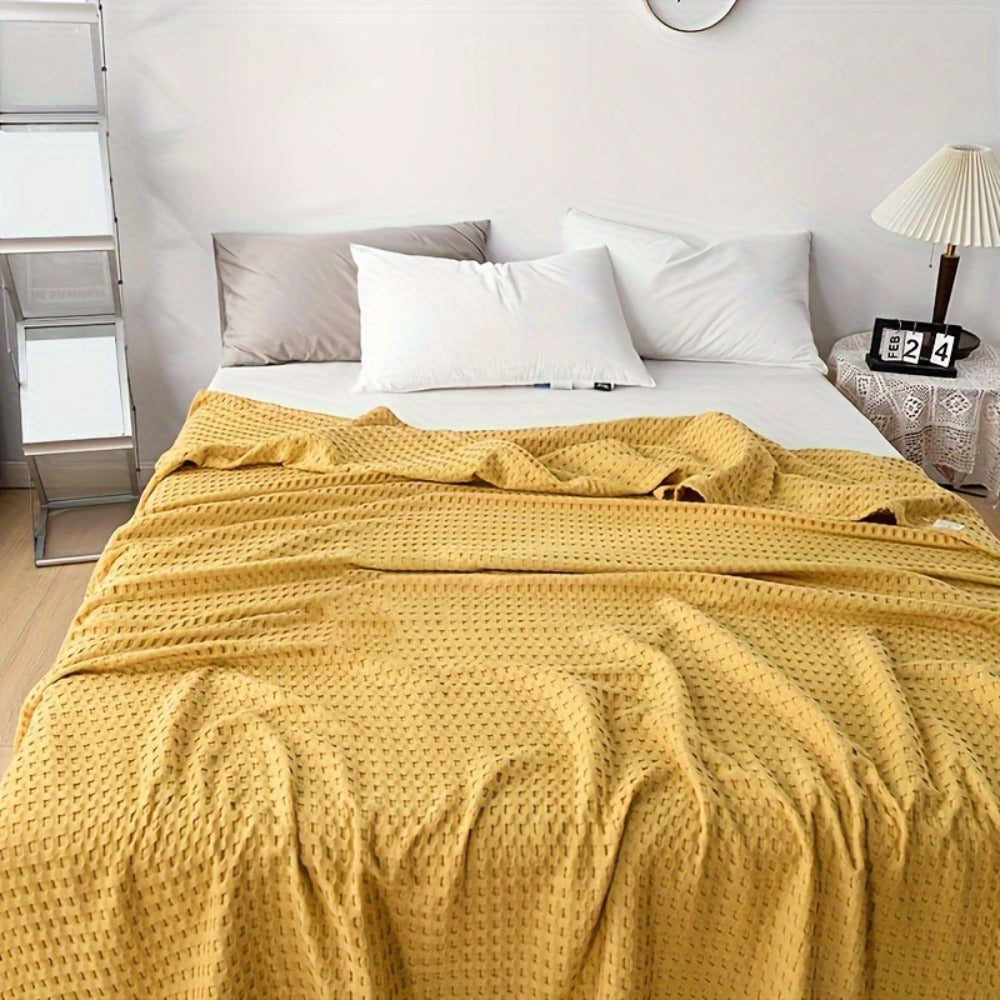 Cotton Waffle Blanket – Pure Cotton Multilayer Summer Cooling Quilt, Jacquard Knit, Machine Washable, Air Conditioning Blanket