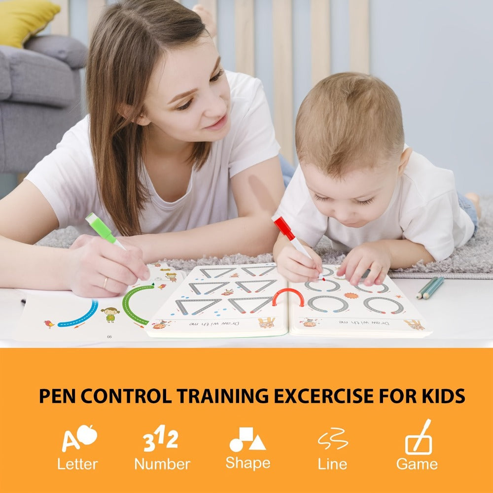 64-Page Wipe-Clean Tracing Workbook with Eight Color Pens, Eraser and Reusable Line Practice Activities