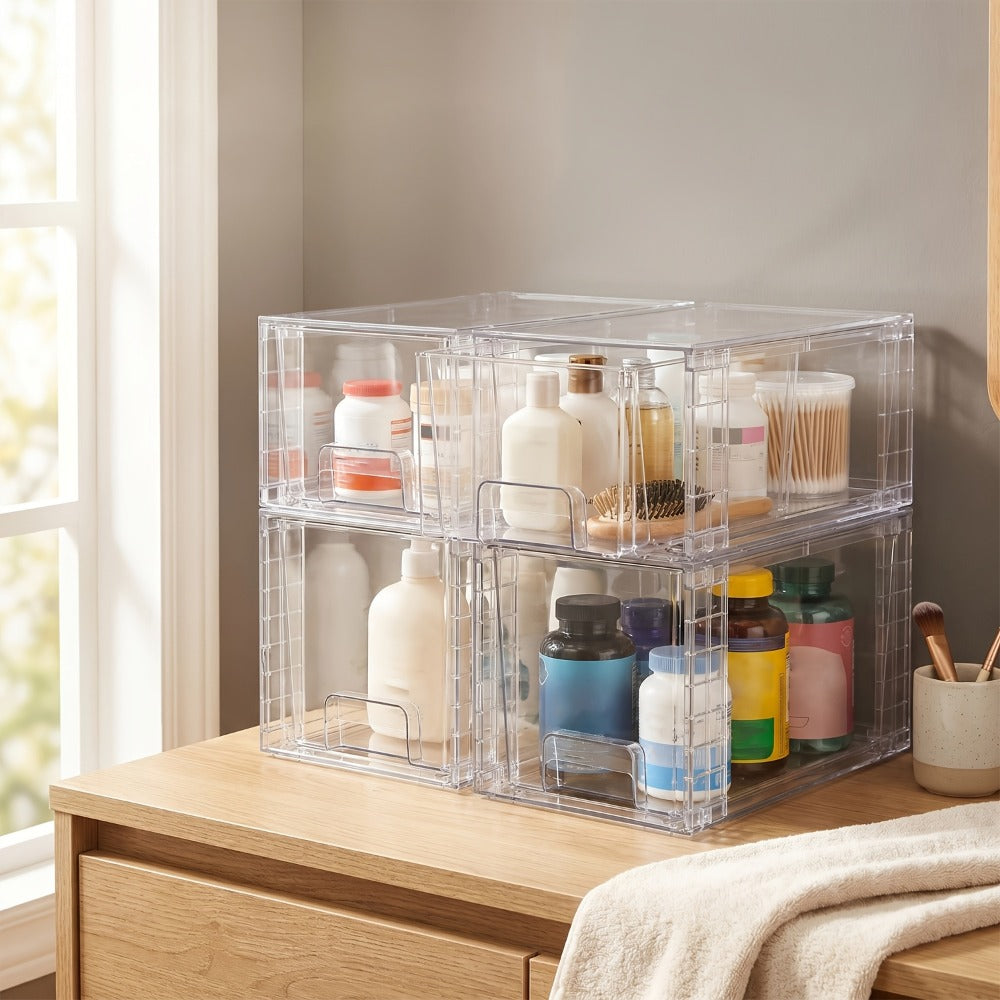 Stackable Bin Storage Organizer 3 or 4-Piece Clear Plastic Set with Lids and Handles in Mixed Sizes