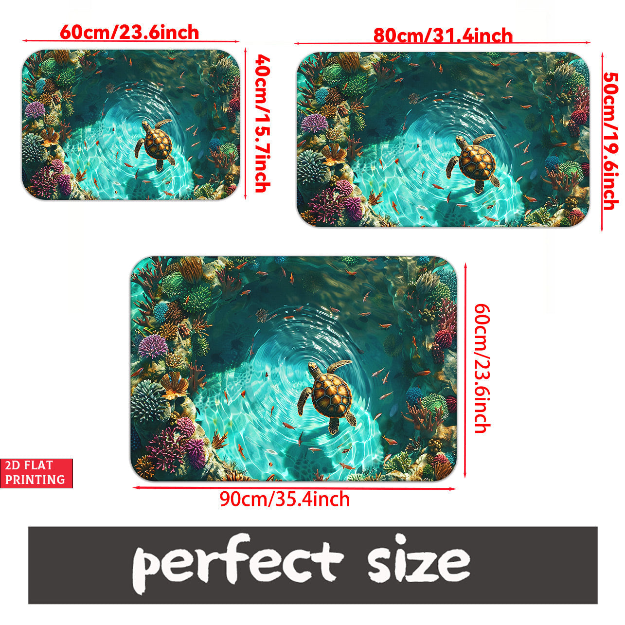 Sea Turtle Illusion Floor Mat with Tropical Reef Print in 15.75 x 23.62 or 19.68 x 31.49-Inch Sizes