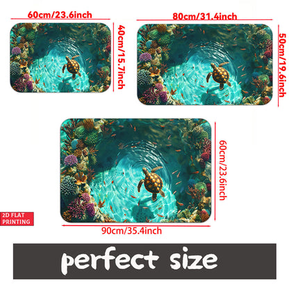 Sea Turtle Illusion Floor Mat with Tropical Reef Print in 15.75 x 23.62 or 19.68 x 31.49-Inch Sizes