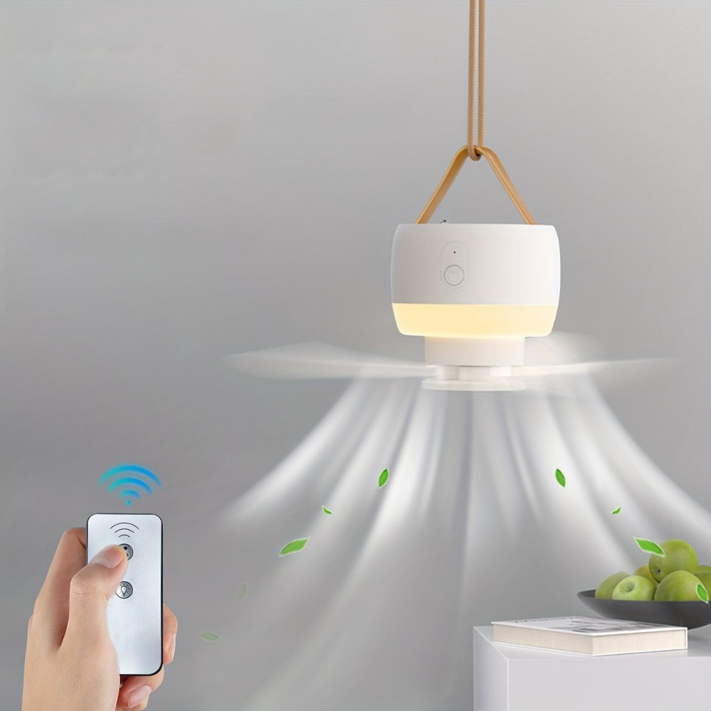 Hanging Three-Blade Camping Fan with Remote Control, Warm LED Light, White Housing and USB Rechargeable Power