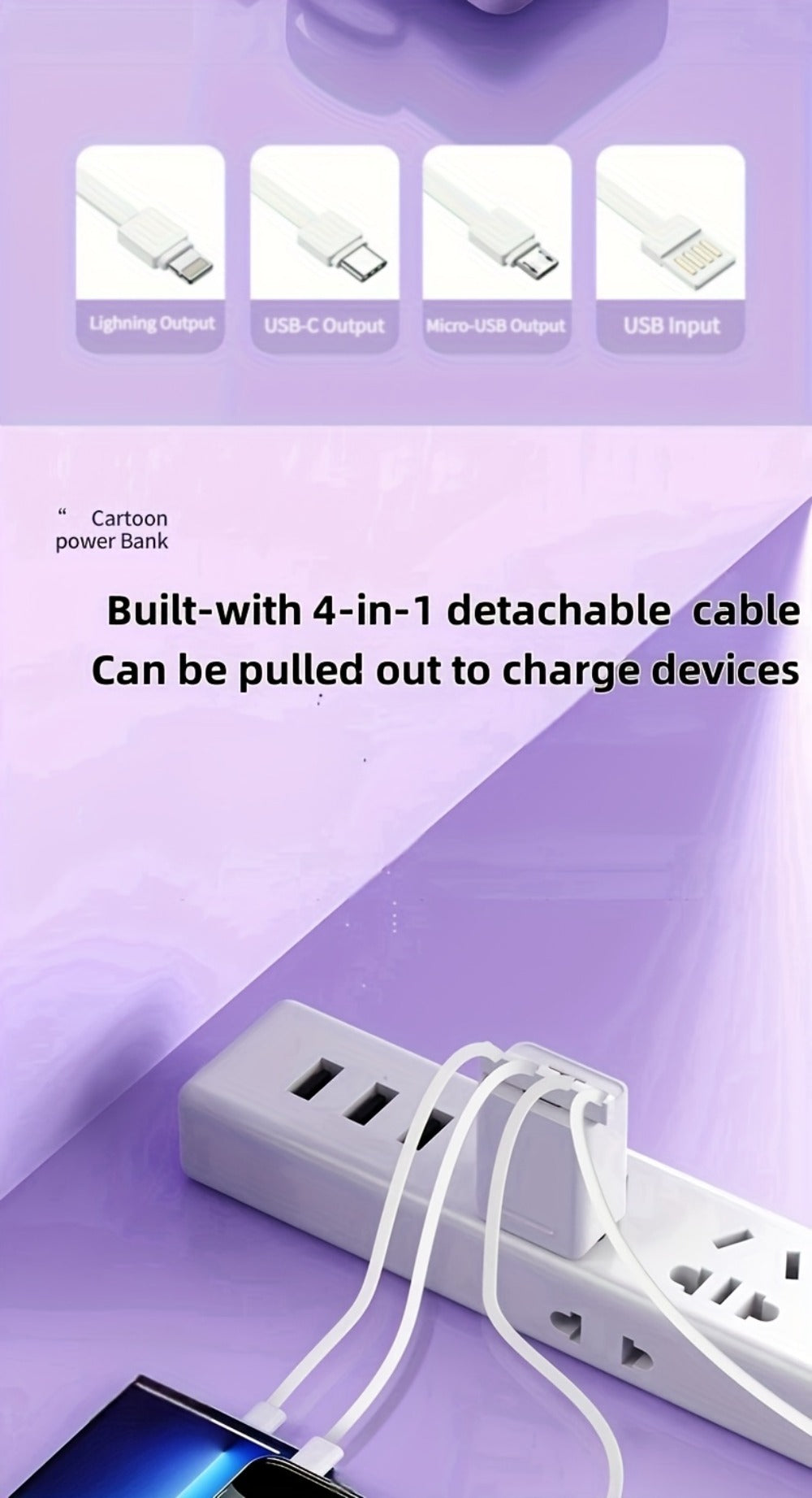 Power Bank 10000mAh with Built-In Cable Set, 5W/15W/22.5W Variants, Display and Lanyard for Travel