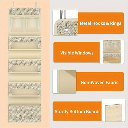 2-Pack Over-The-Door Hanging Organizer with 5 Shelves & 4 Clear Pockets – Beige Rattan Storage Rack for Closet, Bedroom & Bathroom