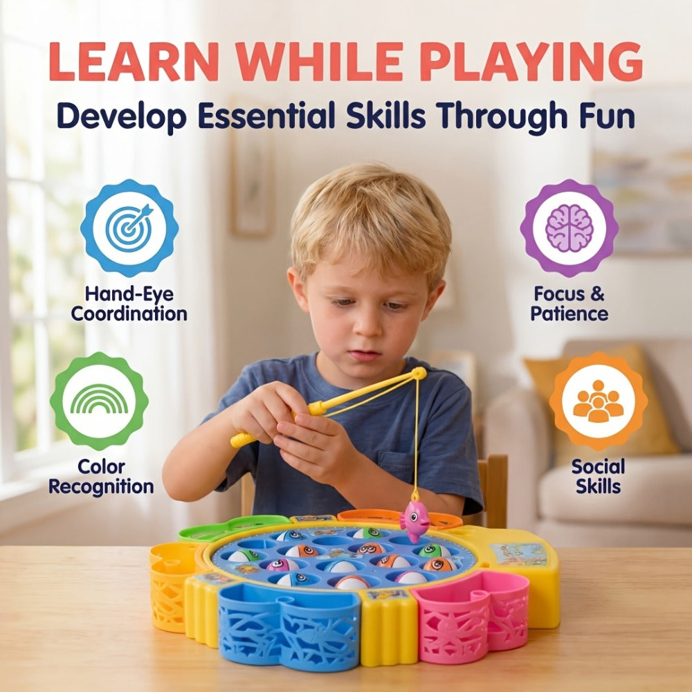 Electric Musical Fishing Game Toy for Kids – Rotating Fishing Board with Colorful Fish, Lights & Music, Interactive Family Game & Educational Learning Toy for Boys & Girls Ages 3+, Fun Birthday Gift