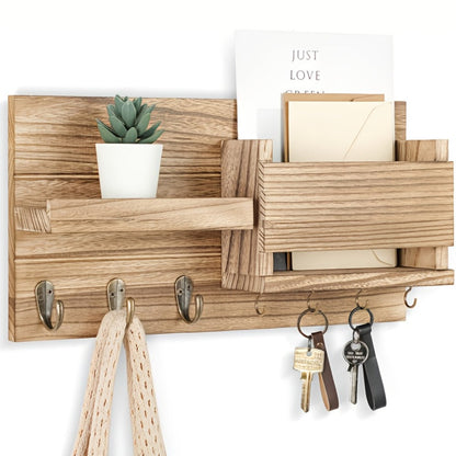 Wall Mounted Storage Rack with Mail Slot – Rustic Wood Floating Shelf with Hooks for Keys, Hats & Envelopes, Decorative Organizer for Entryway, Porch, Bedroom, Bathroom & Living Room