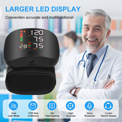 Blood Pressure Monitor Wrist Device with LCD Display, Voice Readout, Dual-User Memory and USB Rechargeable Power