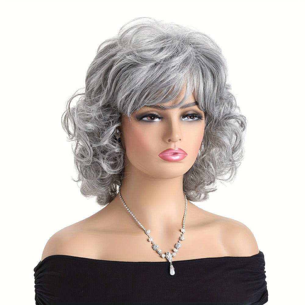 Short Curly Wig with Slanted Bangs 14 Inch Heat Resistant Synthetic Rose Net Cap Grey Mixed Dark Brown Light Brown for Women Daily Wear Halloween Festivals Cosplay