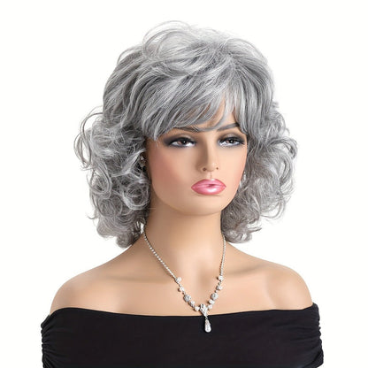 Short Curly Wig with Slanted Bangs 14 Inch Heat Resistant Synthetic Rose Net Cap Grey Mixed Dark Brown Light Brown for Women Daily Wear Halloween Festivals Cosplay