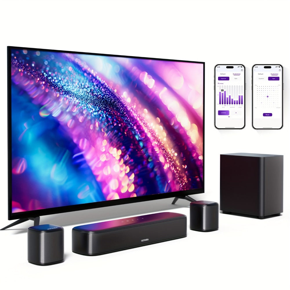 5.1 Surround Sound Bar System with Wired Subwoofer 2 Surround Speakers App Control SurroundX Technology 6 EQ Modes Optical AUX Home Theater TV Soundbar for Smart TV