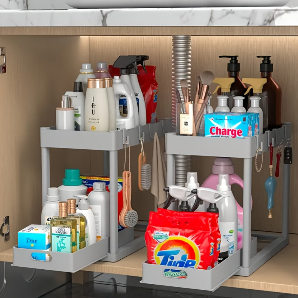 Under Sink Organizer 2pcs Double Tier Sliding Storage Basket with 8 Hooks – Kitchen Bathroom Cabinet Rack Shelf