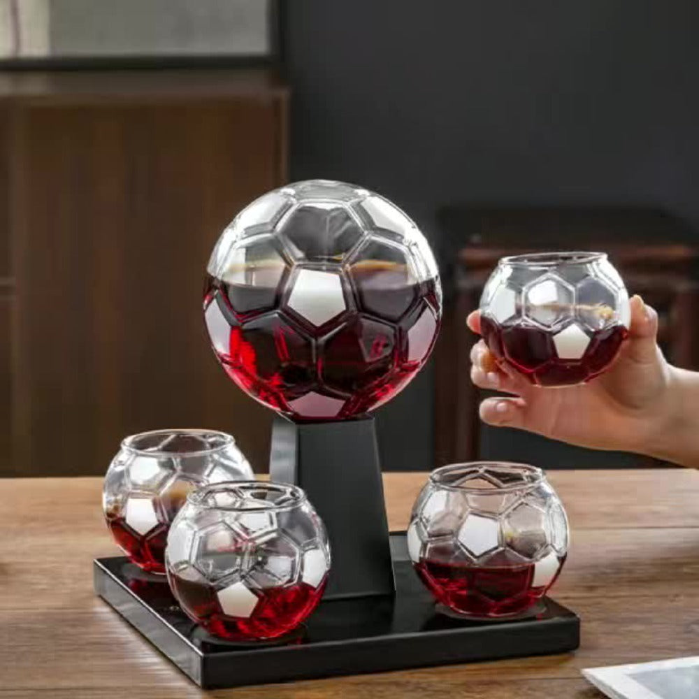 Soccer Ball Whiskey Decanter Set with 30 oz Ball-Shaped Bottle, Four Matching Cups and Black Display Stand