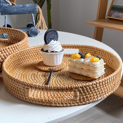 Serving Tray Basket - Hand-Woven Round Rattan Organizer for Fruits Bread Snacks, for Home Cooking, Dining and Outdoor Meals