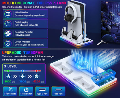 10 RGB Lights PS5 Cooling Stand with 3-Level Fan, Dual Controller Charging Station, USB Hub & Type-C Port – Compatible with PS5 / PS5 Slim / PS5 Pro Standard & Disc/Digital Edition