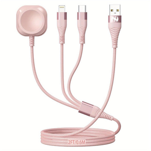 3 in 1 Travel Charging Cable 24 Inch Nylon Braided, Lightning + Type-C + iWatch Magnetic Wireless Charger, Compact Portable Multi Charging Cord for iPhone iPad Android Apple Watch – Pink Short Cable