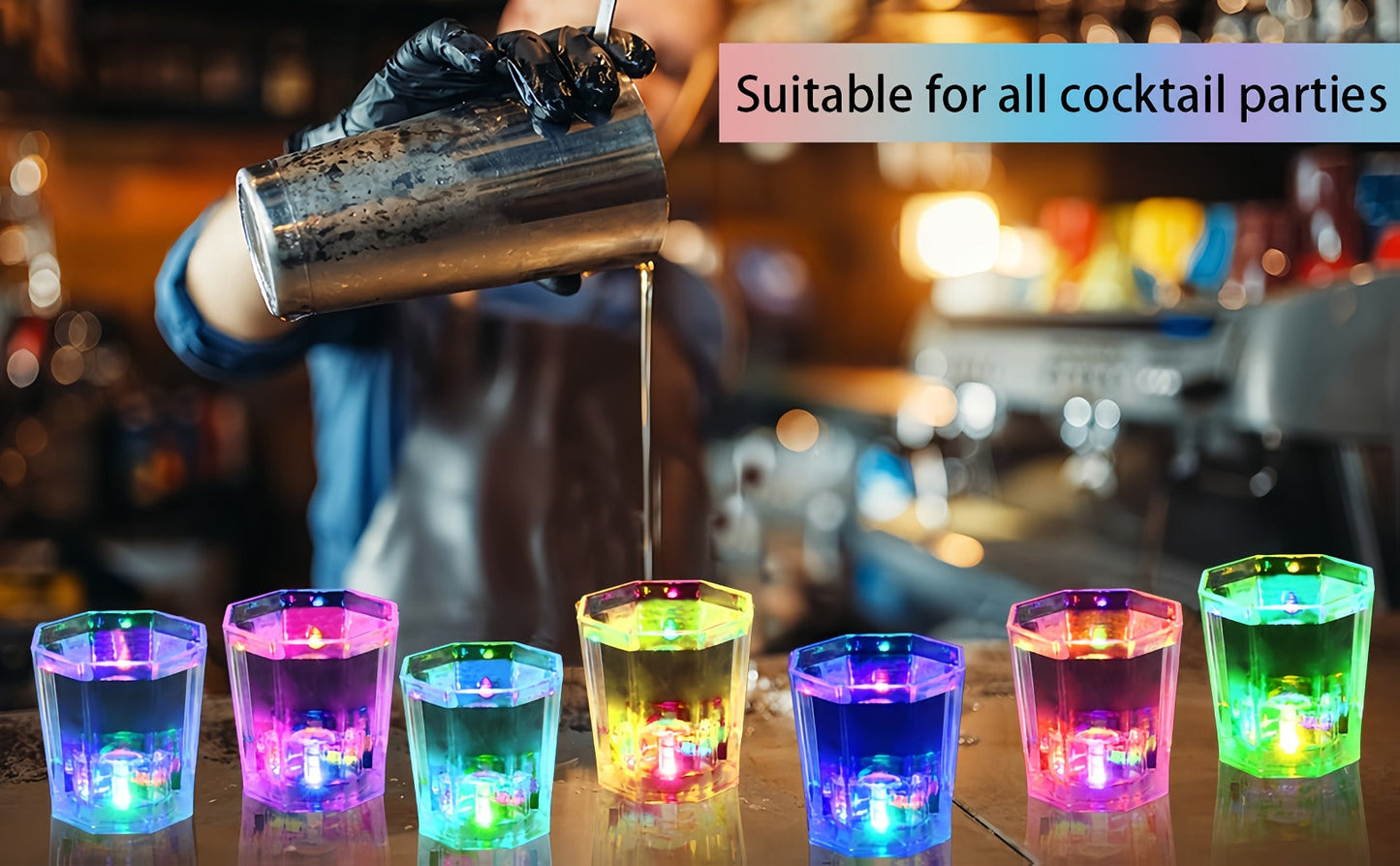 LED Light-Up Party Cup Set with 12 or 15 Short 2 oz Plastic Tumblers in Mixed Color Designs