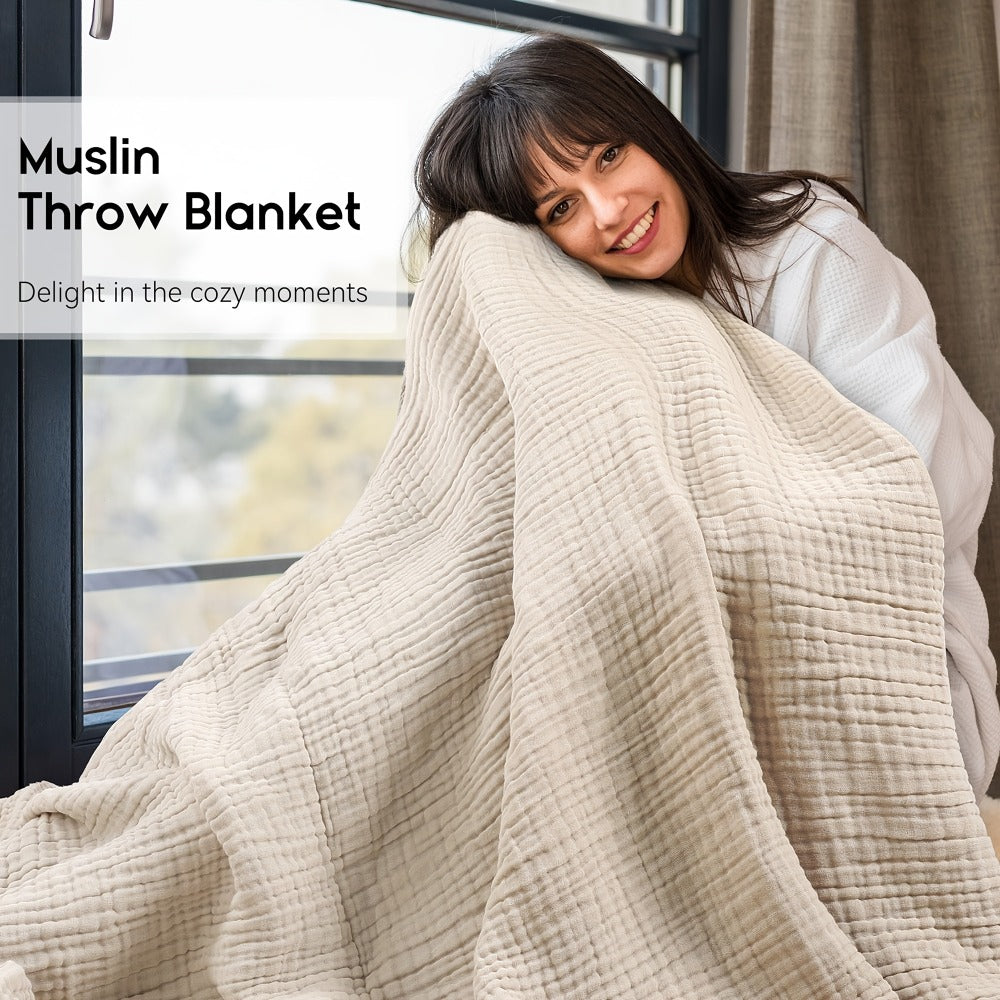 Morandi Cotton Muslin Blanket 6-Layer – Soft Gauze Throw for Couch & Bed, Lightweight Breathable All Season, Machine Washable, 6 Colors