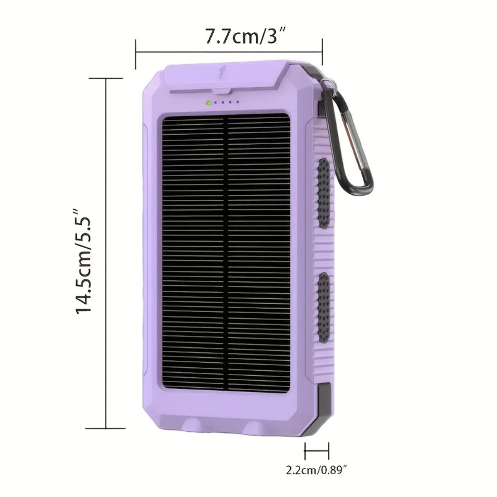 Solar Power Bank, 10000mAh USB Charger with Solar Panel, LED Flashlight, Compass, Data Cable and Backpack Hook