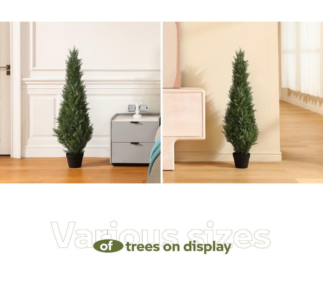 Artificial Cedar Topiary Tree with 3, 4 or 5 ft Height Options, Black Pot and Single or Two-Tree Sets