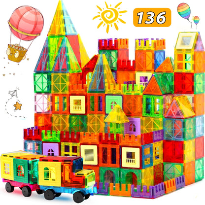 Magnetic Tiles Building Sets in 80, 106 or 136-Piece Options with Multicolor Translucent Shapes and Vehicle Bases