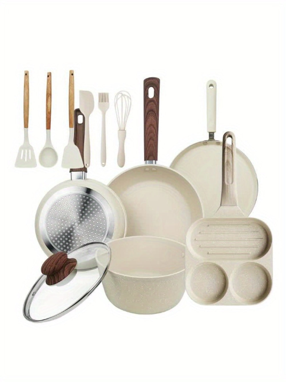Non-Stick Cookware Set 7 12 & 15 Piece Induction Compatible – Frying Pan Steamer Silicone Spatula & Tongs | Complete Pots and Pans Cooking Set | Perfect Wedding Housewarming Gift for Friends