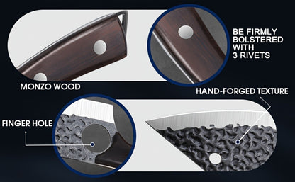 Wide 8-Inch Cleaver-Style Kitchen Knife with Finger Hole, Hammered-Look Blade and Wood-Tone Handle