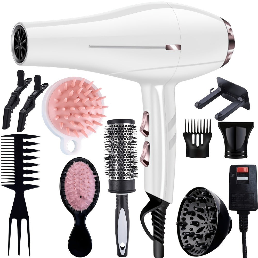 Brushless Motor Hair Dryer Set with Accessories - Professional Blow Dryer Kit Concentrator Nozzle Comb Clips 2 Modes 3 Speeds Ionic Anti-Frizz Home Salon Travel Black White Blue Green