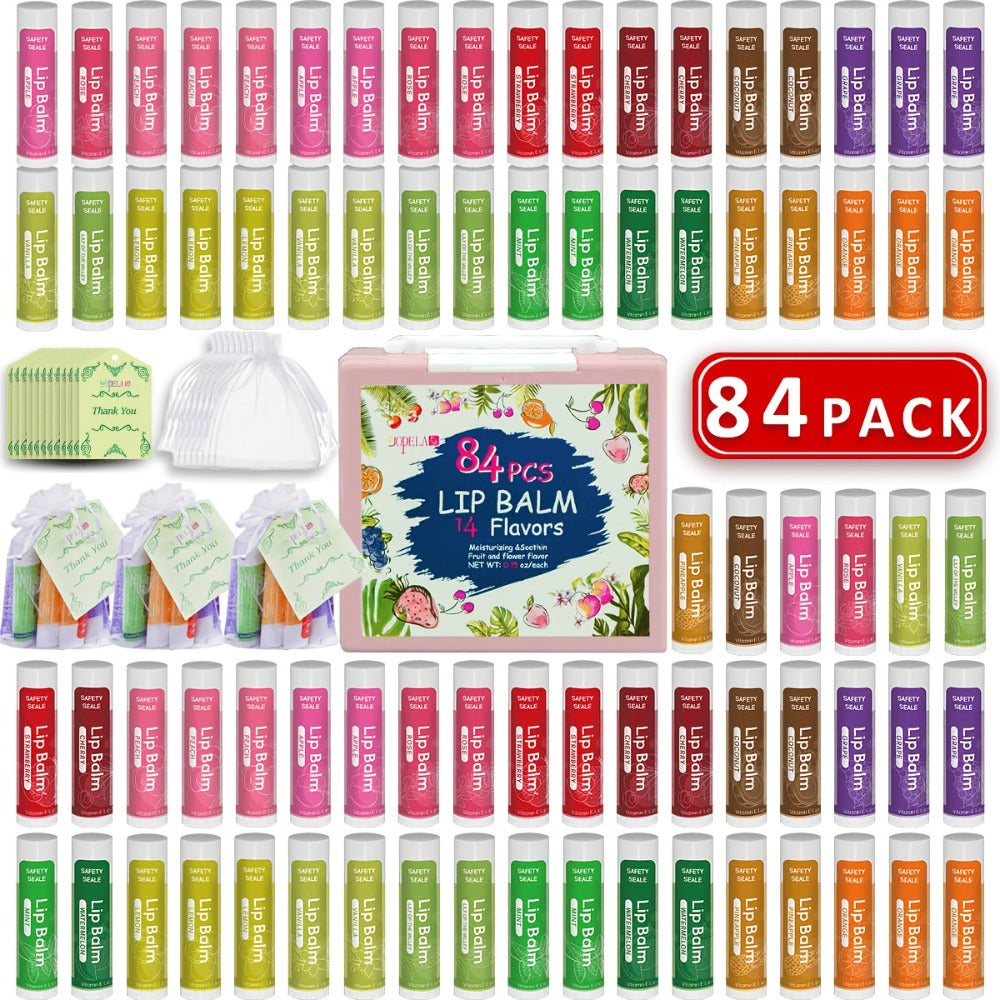 Lip Balm 84-Piece Bulk Set with 14 Flavors, Vitamin E, Coconut Oil and 4.2g Twist-Up Tubes