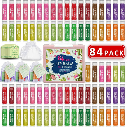 Lip Balm 84-Piece Bulk Set with 14 Flavors, Vitamin E, Coconut Oil and 4.2g Twist-Up Tubes
