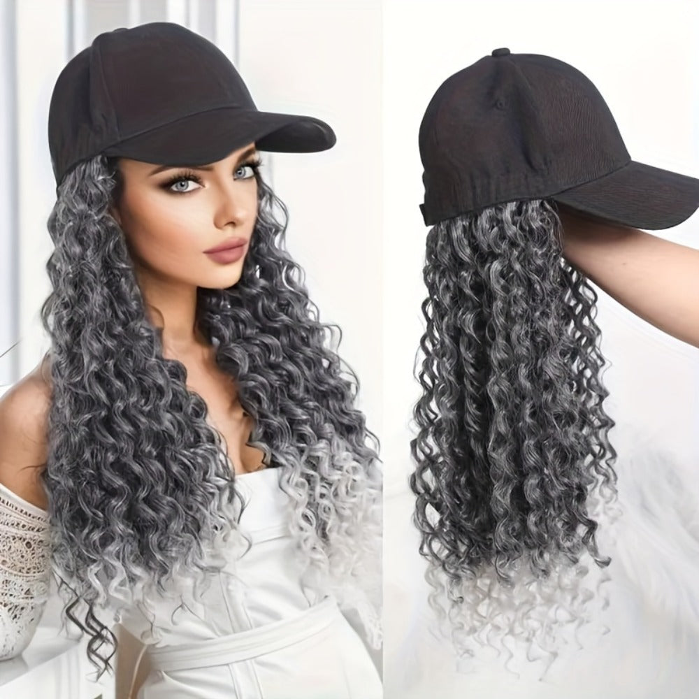 Afro Kinky Curly Baseball Cap Wig for Women 18 Inch Hat and Wig Combo Adjustable Elastic Net Long Synthetic Curly Hair Multi-Color Casual Daily Outdoor Wear