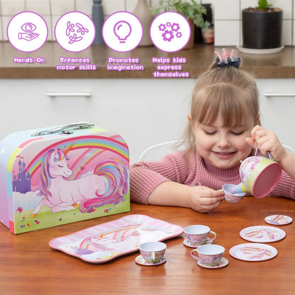 Pink Unicorn Tin Tea Set in Carry Case with Teapot, Four Cups, Four Saucers and Five Plates