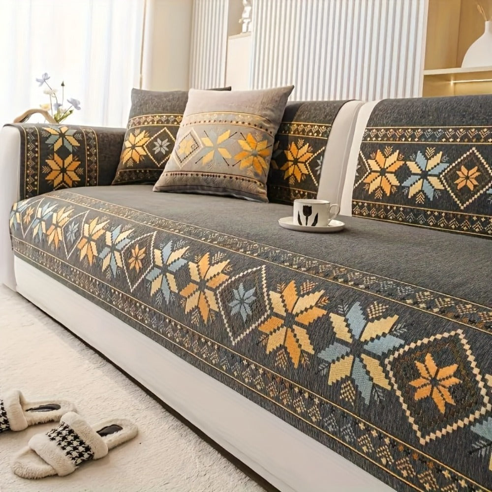 Sofa Cover, Chenille Bohemian-Style Couch Pad in Three Colors with Armrest and One-to-Four-Seat Sizes