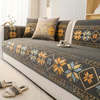 Sofa Cover, Chenille Bohemian-Style Couch Pad in Three Colors with Armrest and One-to-Four-Seat Sizes