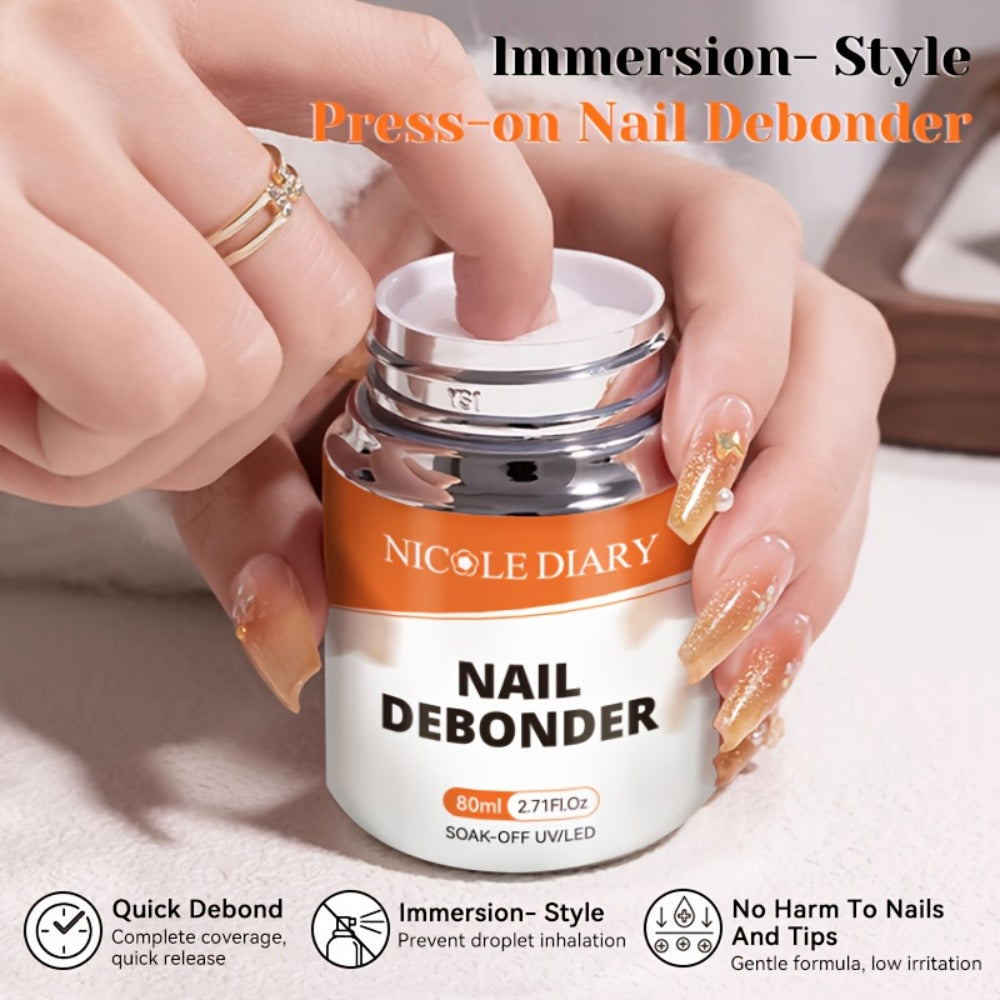 Press On Nail Debonder Remover 80ml — Fast 3-5 Second Soak-Off Liquid for False Tips, Rhinestone Glue Remover, No Damage Easy Dissolve, Professional Nail Care Tool for Women Home Salon