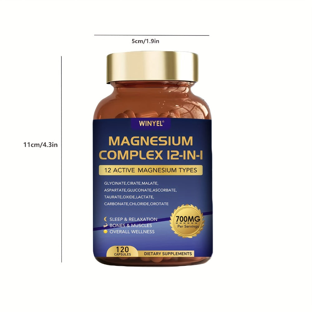 Magnesium Complex 700mg 12-in-1 120 Capsules with Glycinate, Citrate, Malate & Taurine for Sleep, Mood, Nerve, Heart & Muscle Function Support for Men & Women