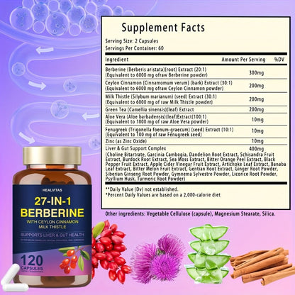 Herbal Supplements with HEALVITAS Label, 27-in-1 Berberine Formula Capsules, 120 or 360 Count