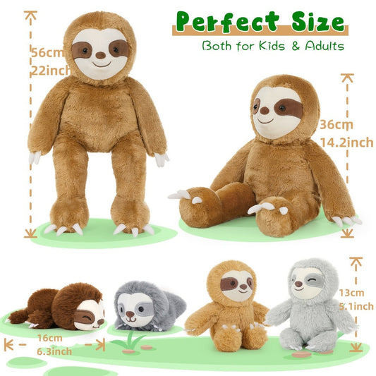 Stuffed Animal Sloth Five-Piece Set with One 22-Inch Large Sloth and Four Smaller Toys for Gifting