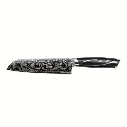 Kitchen Knife Set 7-Piece Damascus Pattern Stainless Steel with Universal Knife Block Holder – Chef Knife, Fruit Knife & Safety Knives Included, Non-Slip Handle