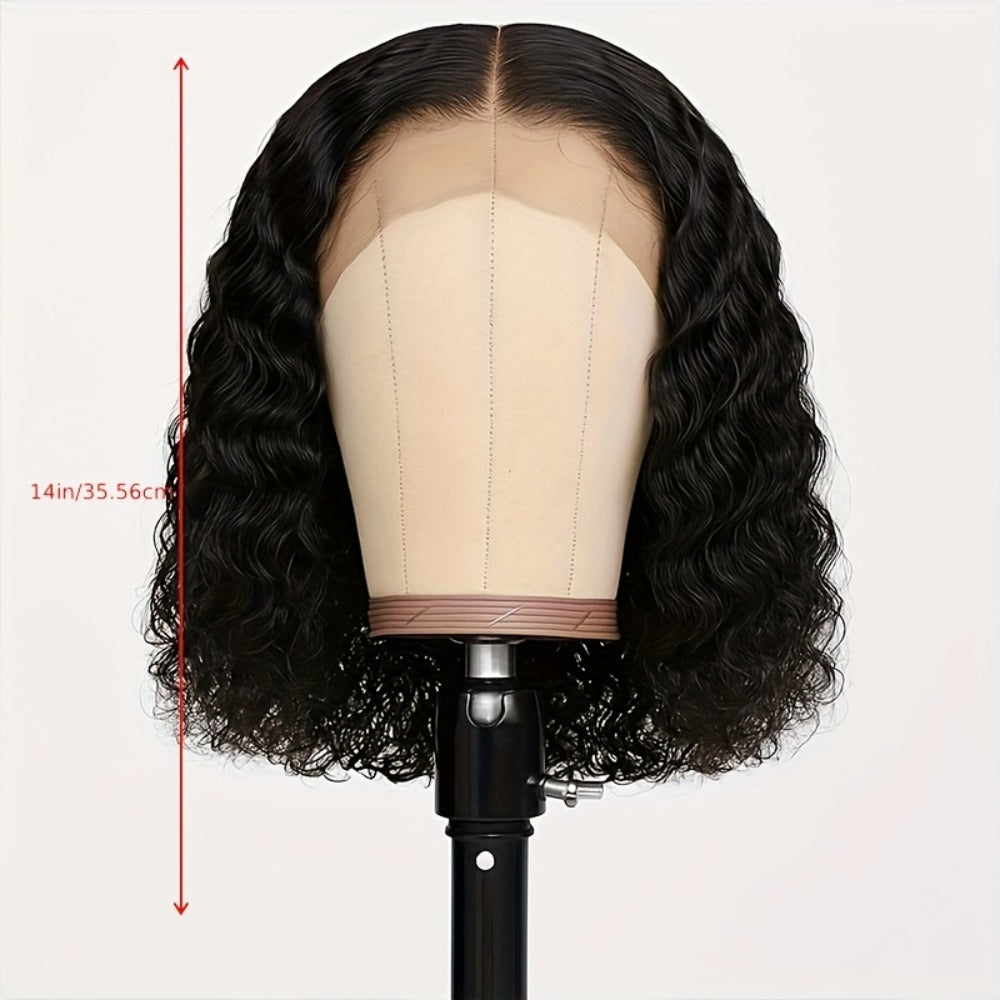 Lace Front Wig Deep-Wave Black 14-Inch Synthetic Style with Glueless Cap, Pre-Plucked Front and Baby Hair