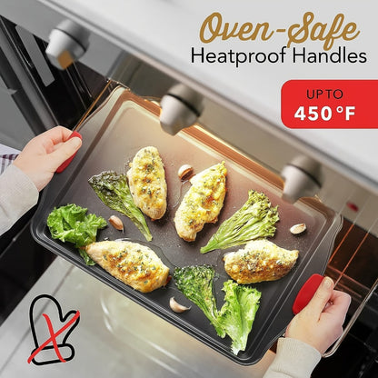 Three-Piece Black Baking Sheet Set with Red Grip Tabs in Small, Medium and Large Nesting Sizes
